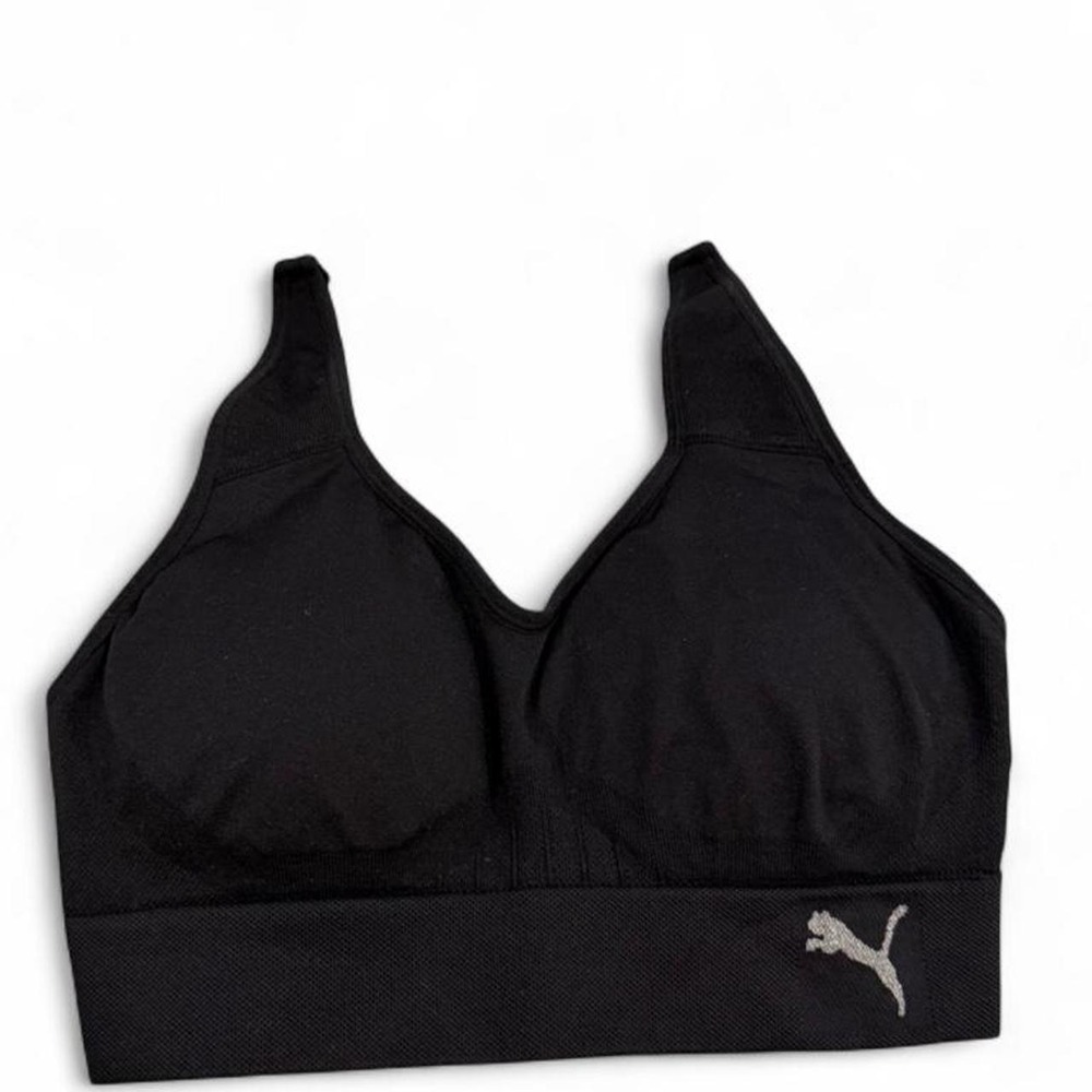 Puma Womens Seamless Sports Bra Black Adjustable Straps Silver Logo Size S
